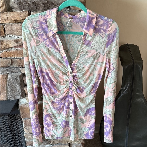 Free People Tops - Free People Purple and Green Floral Ruched Blouse